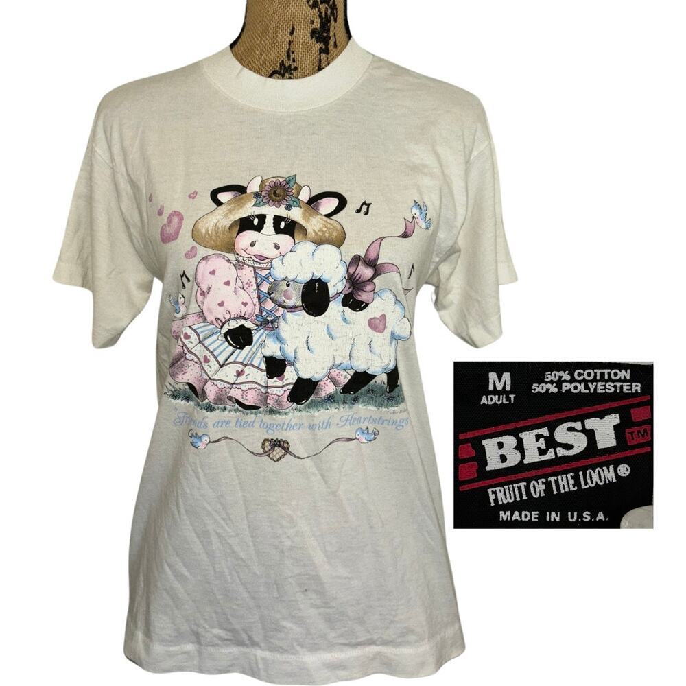90s Fruit Of The Loom Air Waves Cow Sheep T Shirt White Size Medium Vintage Cute